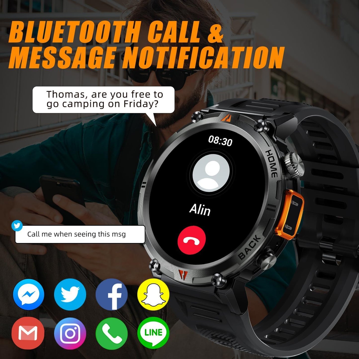 Military Smart Watches for Men with LED Flashlight