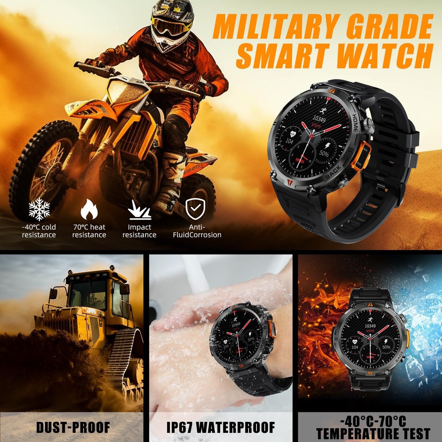 Military Smart Watches for Men with LED Flashlight
