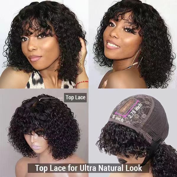ReadytoGo Short Curly Bob Wig With Bangs Glueless HD Lace