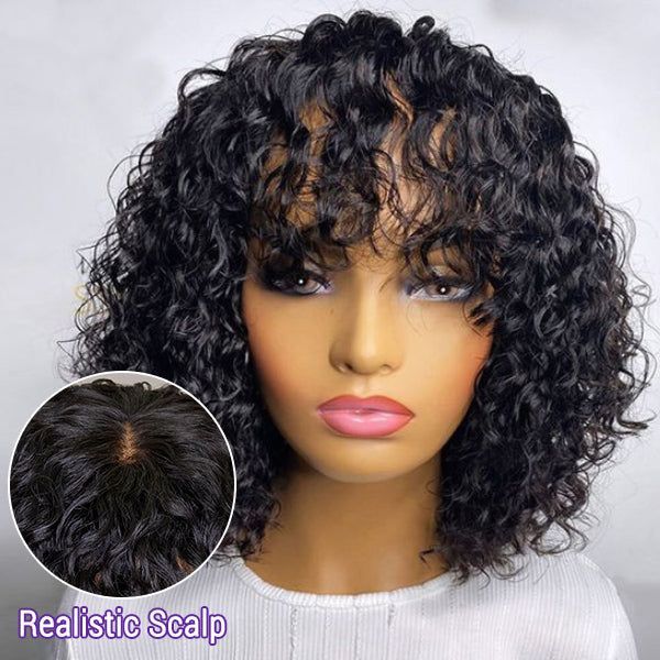 ReadytoGo Short Curly Bob Wig With Bangs Glueless HD Lace