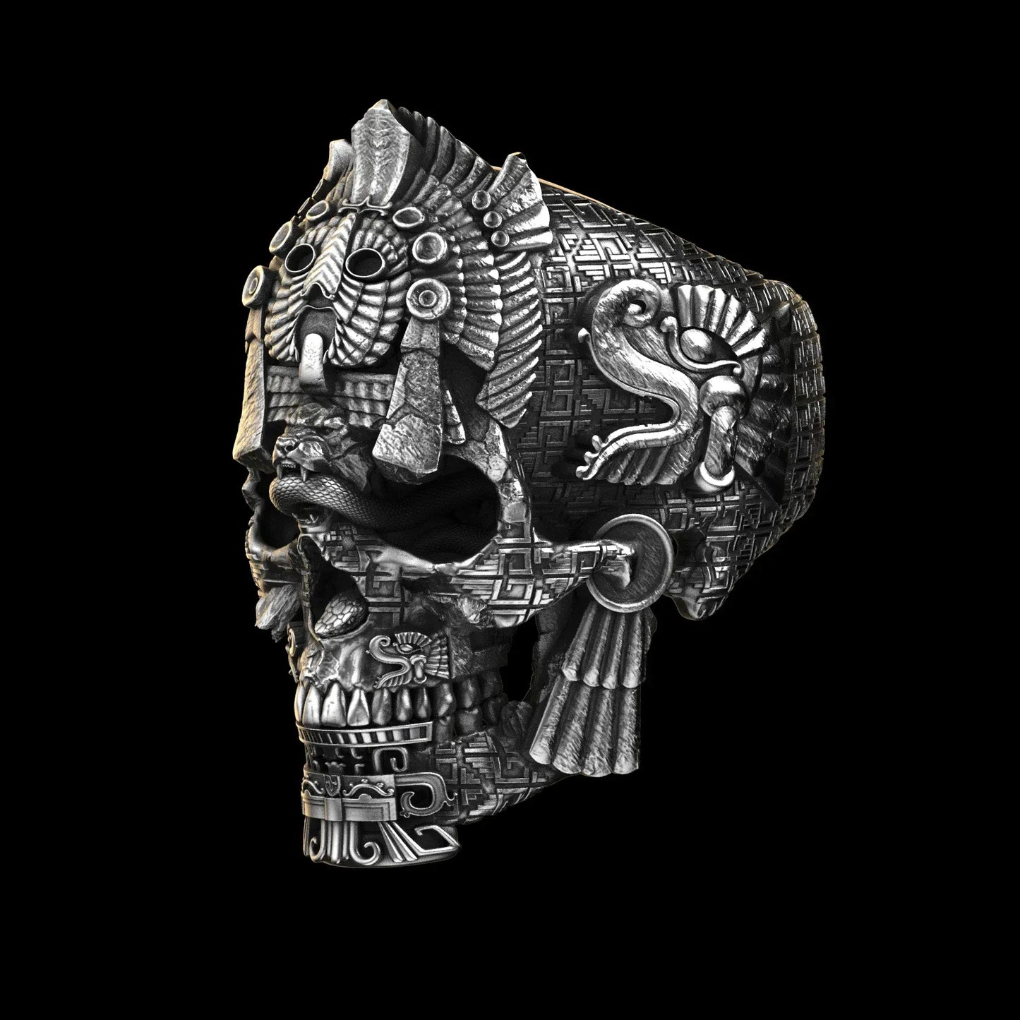 Aztec skull ring sterling silver