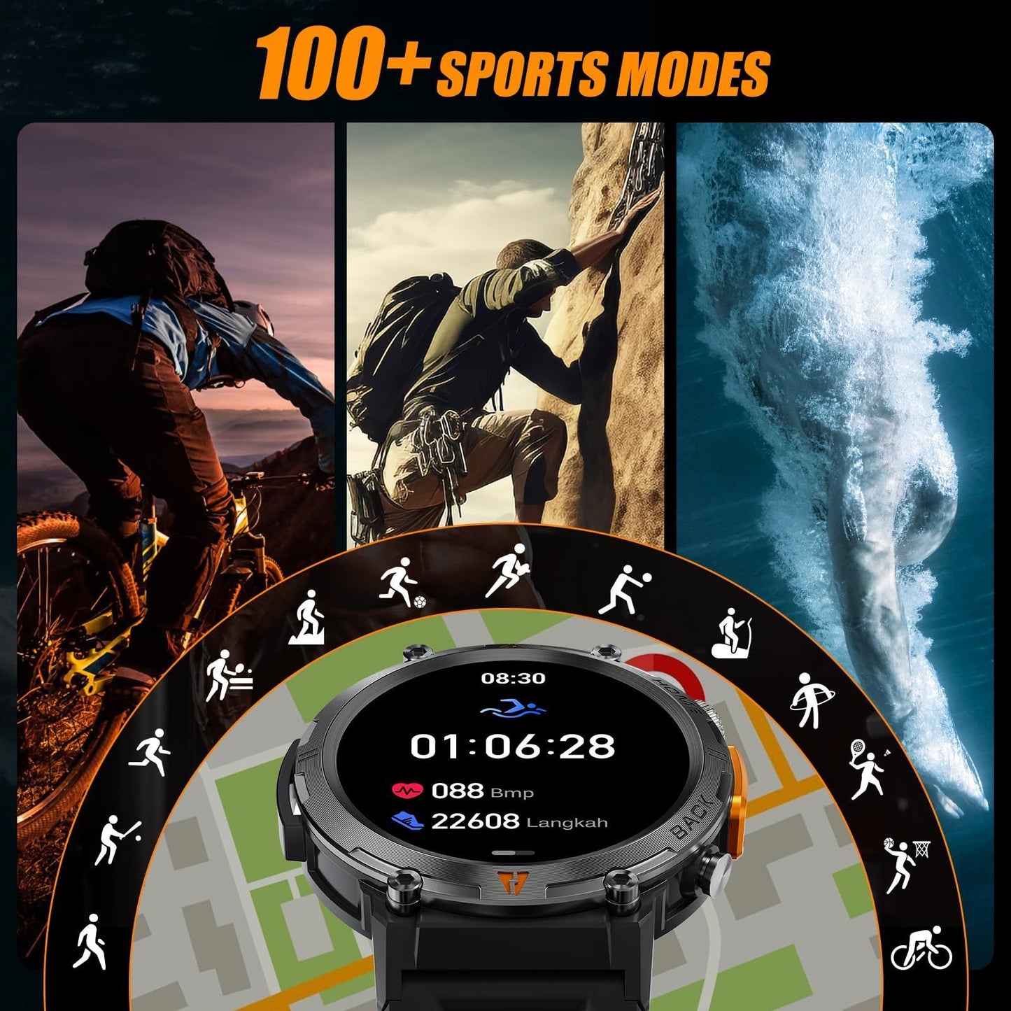 Military Smart Watches for Men with LED Flashlight