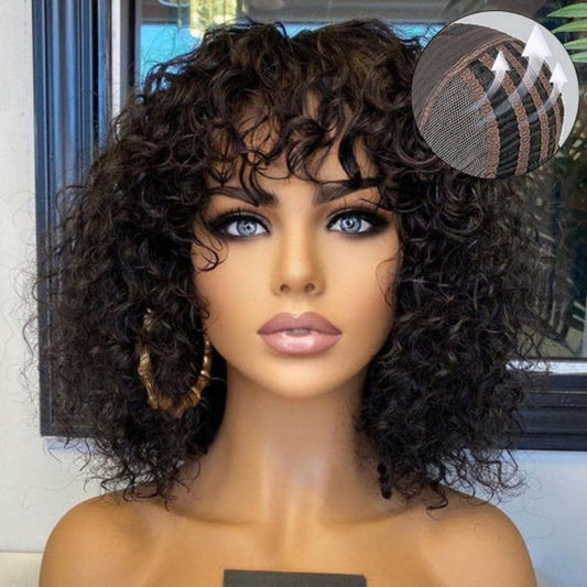 ReadytoGo Short Curly Bob Wig With Bangs Glueless HD Lace