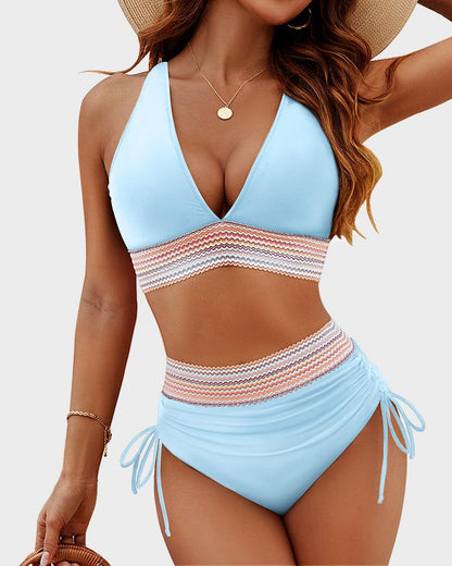 High Waisted Tummy Control Color Block Bikini Sets